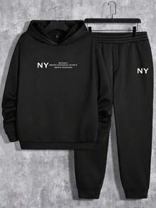 GENTILAND Men's Plus Size Hoodie And Sweatsuit Set With Slogan Print - Black - View 2