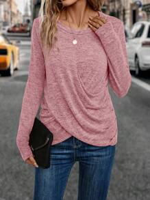 SHEIN LUNE Women's Two Tone Knitted Cross Hem T-shirt - Pink - View 6