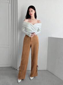 SHEINNeu Women's Solid Color Wide Leg Pants With Crossed Tie Hem - Khaki - View 5