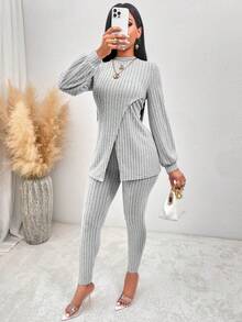 SHEIN Slayr Mock Neck Wrap Split Hem Tee & Leggings - Light Grey - View 6