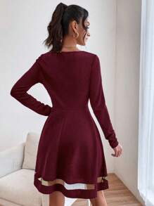 SHEIN Frenchy Solid Contrast Mesh Square Neck A-Line Dress Christmas Winter New Year Elegant Red Evening Dress Burgundy - Burgundy - View 2