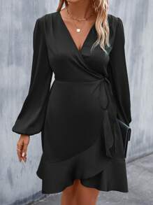 EMERY ROSE Elegant Commuter Solid Color Tie-Wrap Dress - Black - View 5