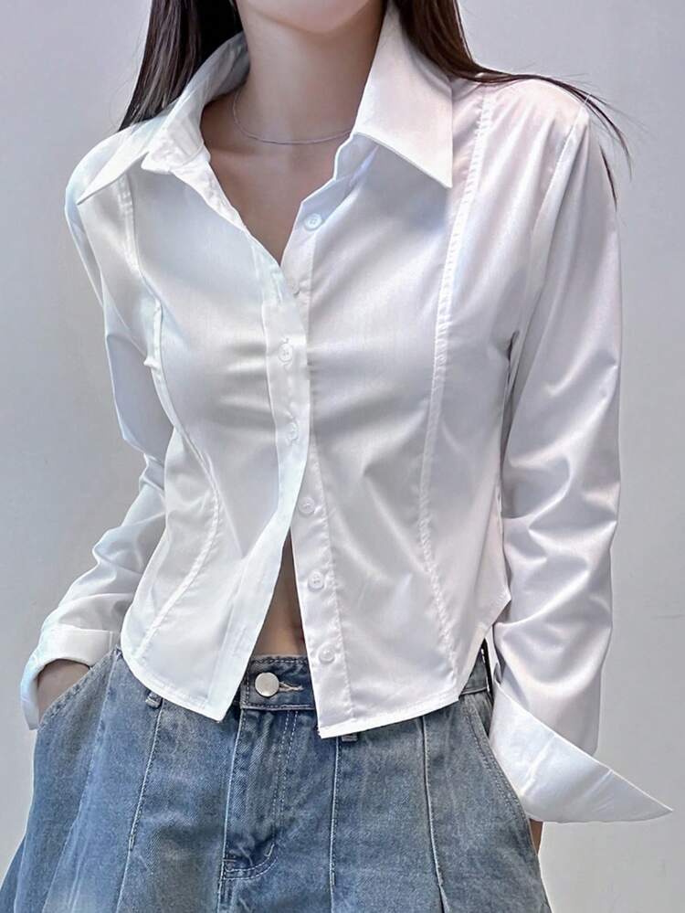 Women Solid Color Long Sleeve Blouse, Business Casual,Long Sleeve Tops Preppy Tops Fall