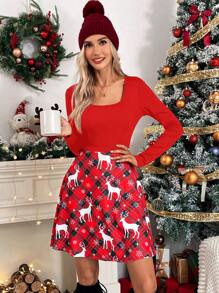 SHEIN LUNE Women's Check Deer Printed Long Sleeve Dress - Red - View 3