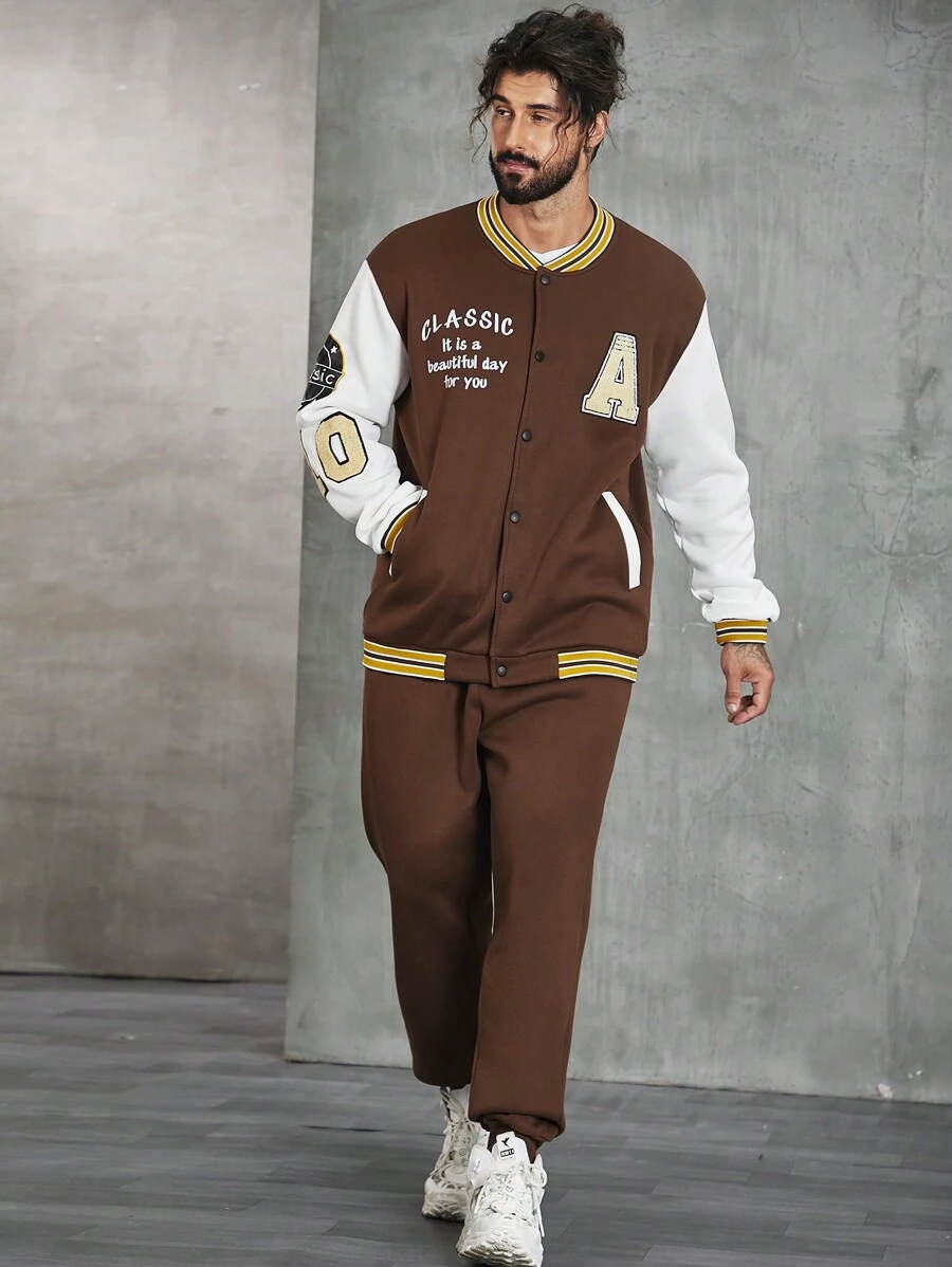 Manfinity Homme de hombres con parche de letra Cazadora béisbol con Pantalones dos piezas Set