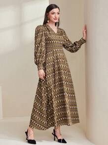 Modelyn 幾何圖案交叉領主教袖連身裙