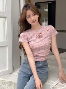 Dazy Star 女士紮染 3d 花卉設計插肩袖 T 卹 - 粉色 - 查看 1