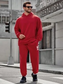 Manfinity VCAY Bộ 2 áo nỉ dệt kim họa tiết vương miện cỡ lớn dành cho nam và quần nỉ thường ngày, dành cho mùa thu đông - Đỏ - Xem 4