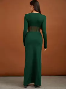 SHEIN Tall 網眼和高開襠設計長袖連衣裙 - 墨綠色 - 查看 2