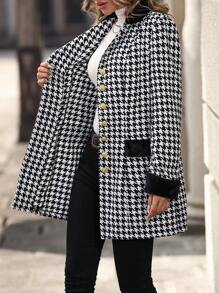 SHEIN Clasi Houndstooth Plush Splice Woolen Coat Fall Cloth For Women - Black - View 7