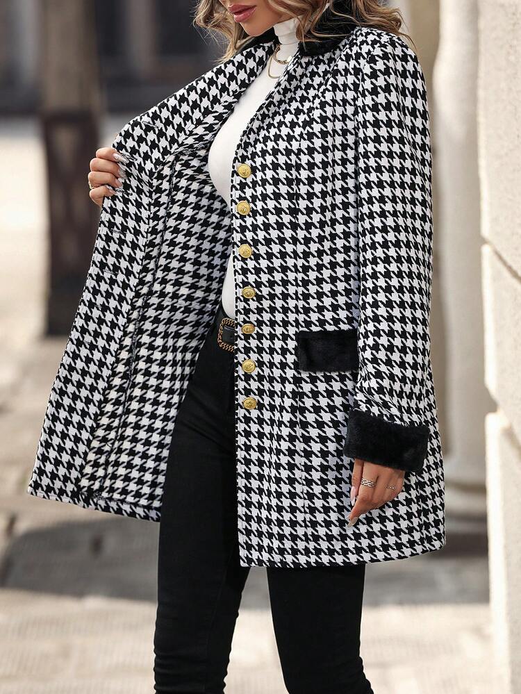 Houndstooth Plush Splice Woolen Coat Fall Cloth For Women