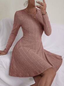 SHEIN Essnce Quý cô Sọc Sọc Tay áo dài Đầm - Hồng - Xem 5