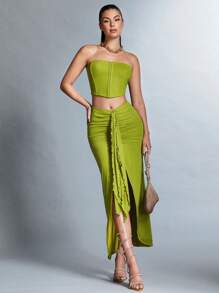 SHEIN BAE Conjunto De Top De Tubo Y Falda Con Dobladillo De Volantes Plisados Para Mujer - Verde - Ver 1