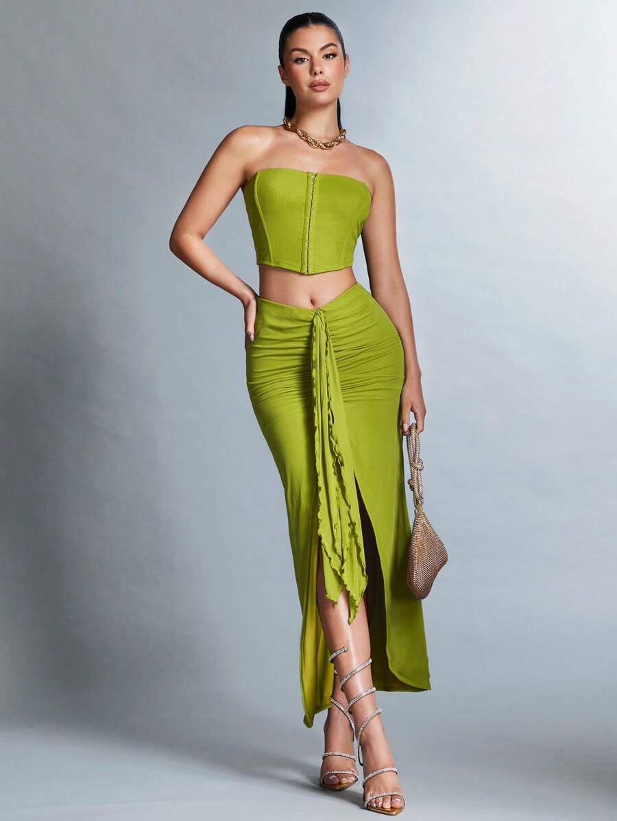 SHEIN BAE Conjunto De Top De Tubo Y Falda Con Dobladillo De Volantes Plisados Para Mujer - Verde - Ver 1