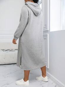 Calvaya 大码休闲抽绳连帽侧开衩抓绒卫衣，秋冬款 - 灰色 - 查看 2