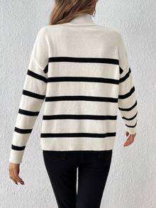 SHEIN Frenchy 條紋半高領毛衣 - 杏色 - 查看 2