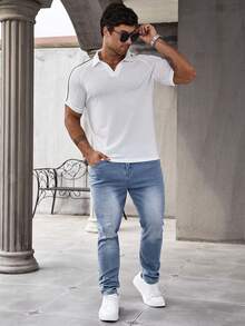 Manfinity Homme Polo De Hombre Con Manga Raglán Y Costura Lateral Con Patchwork - Blanco - Ver 5