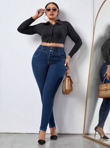 SHEIN SXY 大尺碼修身牛仔褲 - 深色水洗藍 - 查看 5