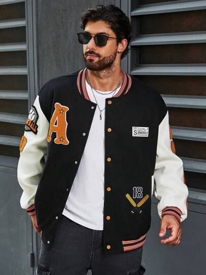 Manfinity Homme Loose Fit Men's Plus Size Color-Block Jacket With Badge Decoration