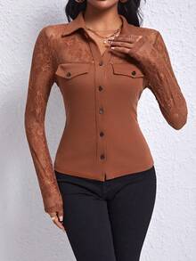 SHEIN Privé Women's Lace Patchwork Turn-down Collar Long Sleeve Top - Brown - View 3