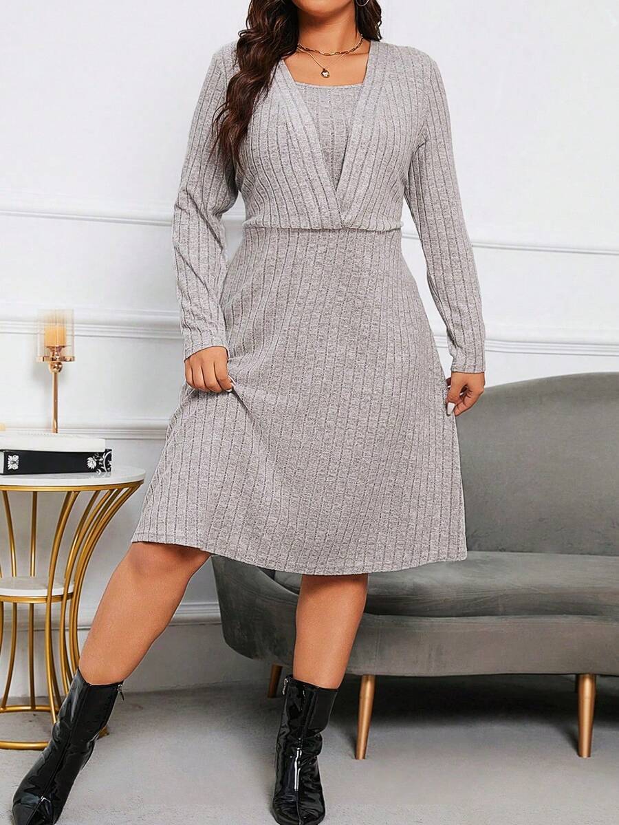 EMERY ROSE 加大號實色方領肋針織連衣裙 - 灰色 - 查看 1