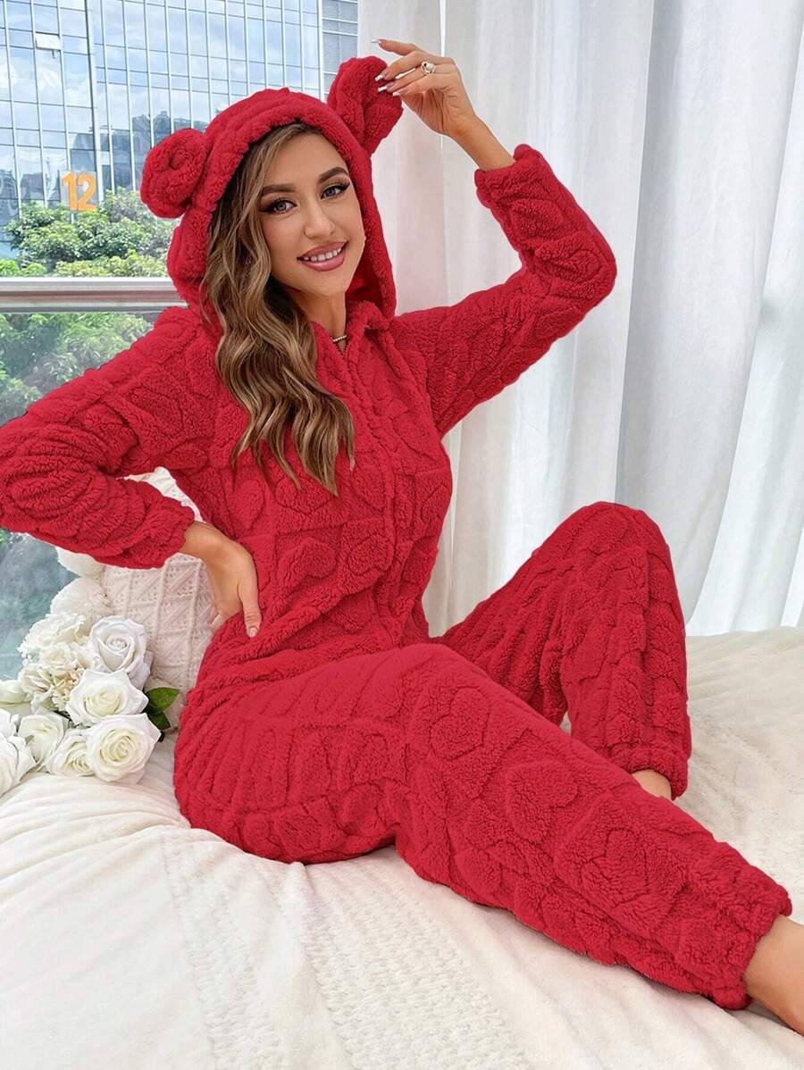 Women's Plush 3d Ear Detail Hooded Lounge Jumpsuit For Home Wear, Fluffy, Winter, Cozy