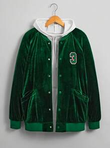 Manfinity Homme Men's Loose Fit Velvet Raglan Sleeve Bomber Coat With Letter Patch, Winter (Without Hood) - Green - View 1