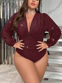 SHEIN Privé Plus Size Metallic Lurex Lantern Sleeve Bodysuit - Burgundy - View 6