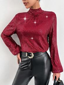 SHEIN Privé Blusa De Espalda Abierta De Cuello Alto Con Lentejuelas Para Mujer - Rojo - Ver 3