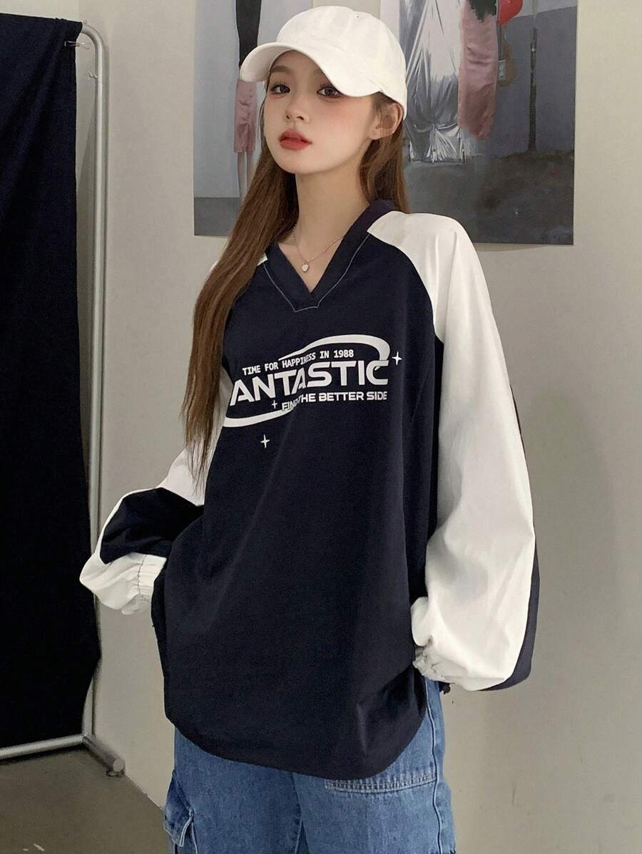 DAZY Women's Contrast Letter Print Raglan Sleeve Sweatshirt,Long Sleeve Tops,Fall Clothes - Navy Blue - View 1
