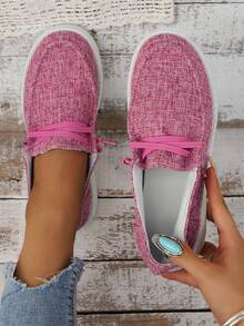 Women's Flat Shoes, Comfortable And Breathable Round Toe Loafers With Low Heels And Lace- For Casual Fashion - Pink - View 1