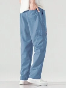 Chillumni Men Letter Patched Detail Flap Pocket Side Drawstring Waist Cargo Pants - Dusty Blue - View 4