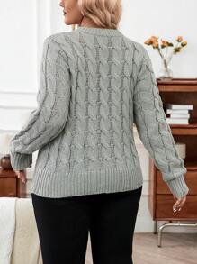 Calvaya 大码女式圆领绞花针织套头毛衣，秋冬款 - 灰色 - 查看 2