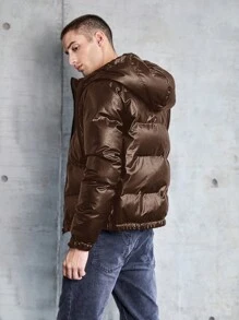 Manfinity VCAY 1pc Loose Fit Solid Color Drawstring Hooded Padded Coat, For Fall Winter - Brown - View 2