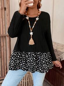 SHEIN LUNE 大尺碼圓點拼接長袖t恤 - 黑色 - 查看 3