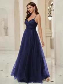 SHEIN Belle Women's Ruched Mesh Spaghetti Strap Wedding Dress Elegant Formal Evening Prom Wedding Guest Gown, For Graduation, Dinner Party Dress - Navy Blue - View 3