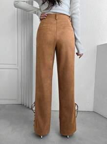 SHEINNeu Women's Solid Color Wide Leg Pants With Crossed Tie Hem - Khaki - View 2