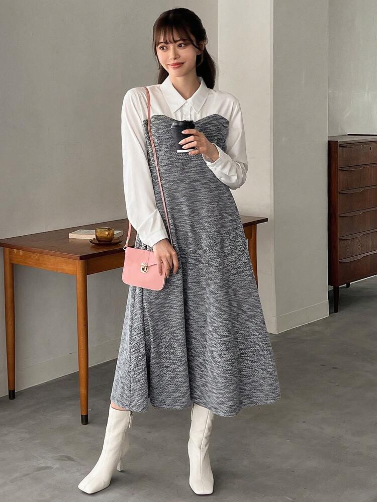 Contrast Color 2 In 1 Long Sleeve Dress Shirt Dress,Fall Dress Maxi Dress