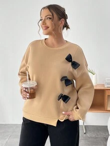 SHEIN Essnce Áo len cổ tròn cỡ lớn dành cho nữ, trang trí nơ - Màu Khaki - Xem 4