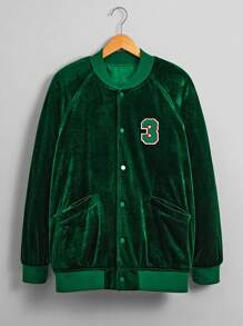 Manfinity Homme Men's Loose Fit Velvet Raglan Sleeve Bomber Coat With Letter Patch, Winter (Without Hood) - Green - View 3