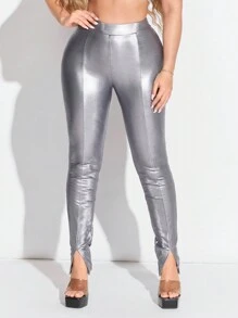 SHEIN SXY Women'S Metallic Textured Pleated Thermal Lined Leggings - Silver - View 7