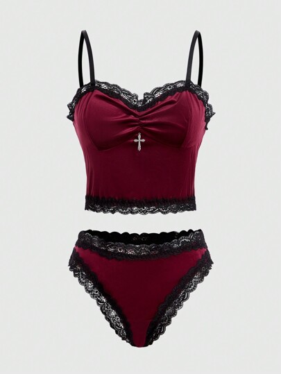 Goth Set De Lencería Velvet Y Encaje Para Mujer Con Detalles Cruzados
