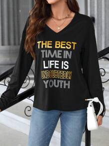 EMERY ROSE Women's V Neck Long Sleeve T-shirt With Letter Print - Black - View 1