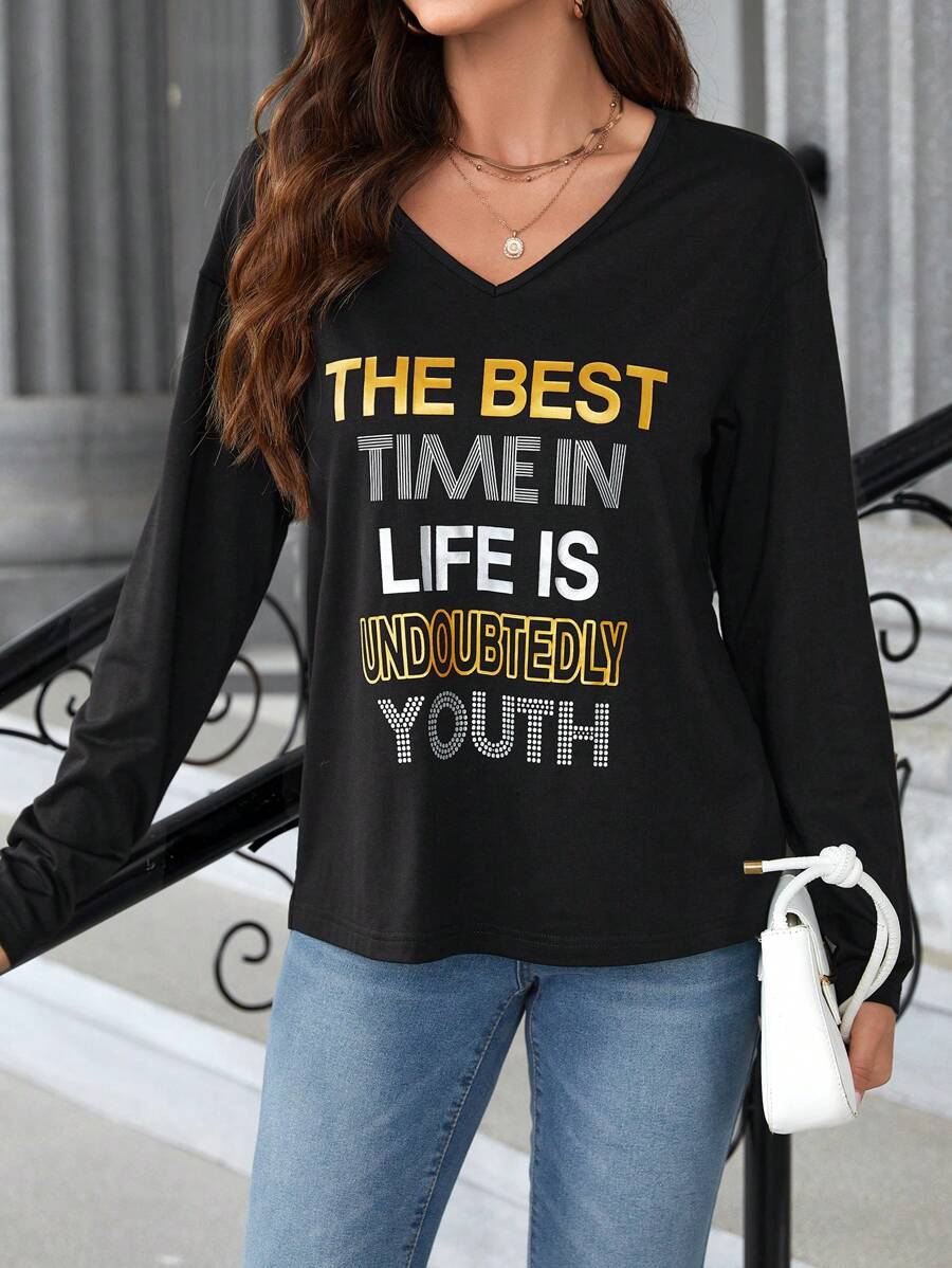 EMERY ROSE Women's V Neck Long Sleeve T-shirt With Letter Print - Black - View 1