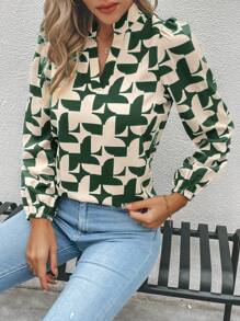 SHEIN LUNE 女款全印花凹口泡泡袖襯衫 - 綠色 - 查看 4