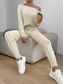 Celisse Cable Knit Drop Shoulder Sweater & Knit Pants - Khaki - View 6
