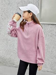 SHEIN Moletom feminino Tween com estampa floral e meia carcela com zíper e ombro caído