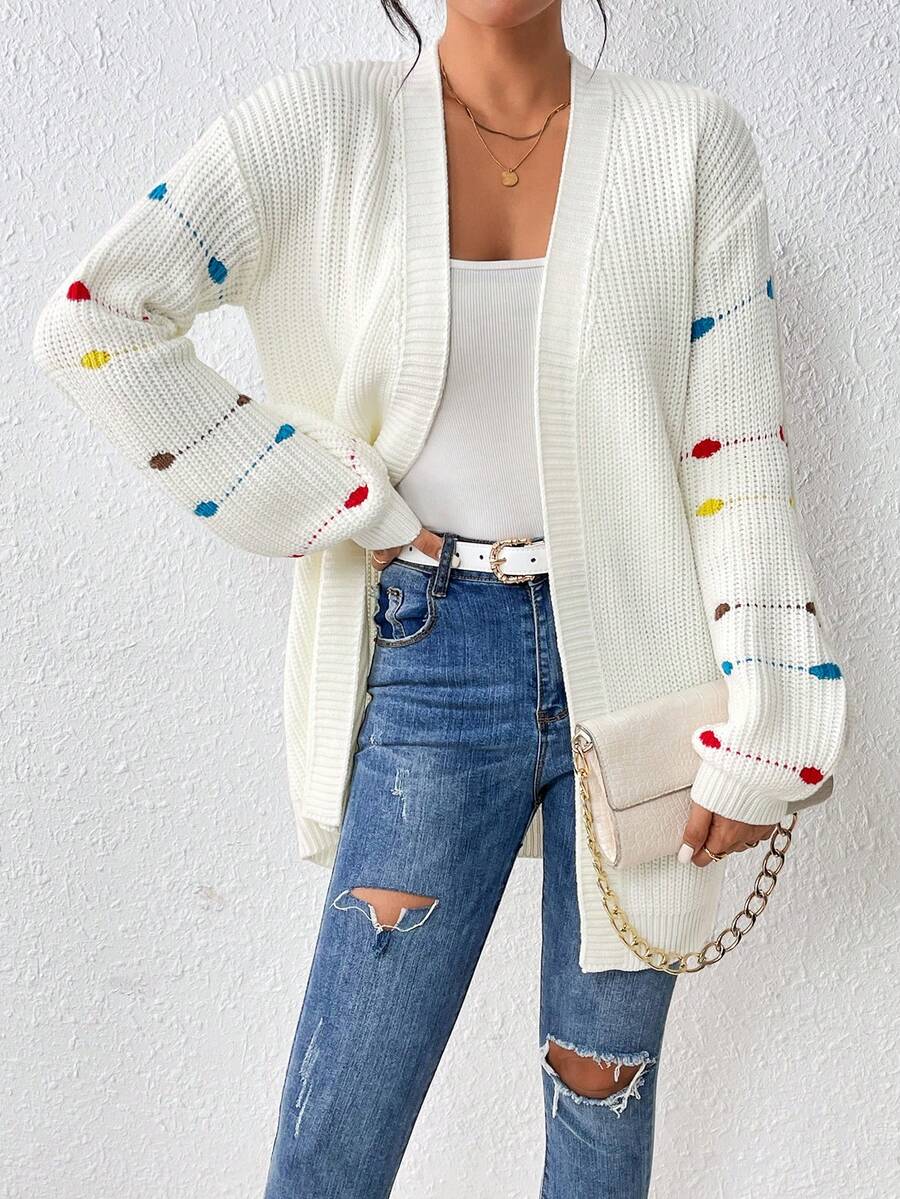 SHEIN Essnce 女士掉肩彩塊開衫毛衣 - 白色 - 查看 1