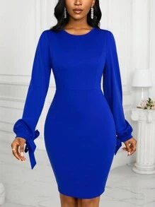 SHEIN Lady Của phụ nữ Hông Váy quấn Với Knotted Cổ tay áo - Xanh đậm - Xem 5