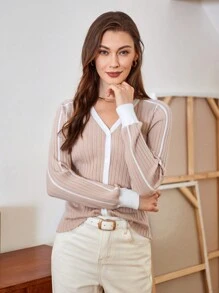 Chiquease Áo len cardigan dệt kim màu khối có viền gân - Nhiều màu - Xem 3